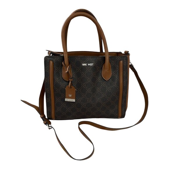 Nine West Brown Logo Satchel Tote Bag with Crossbody Strap - Picture 1 of 9